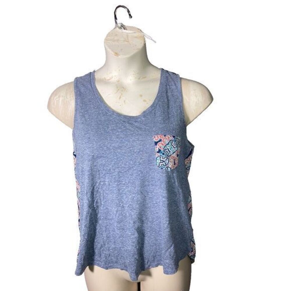 Liberty Love Women's Sheer Geometric Back High Low Tank Blue Red Top Size L